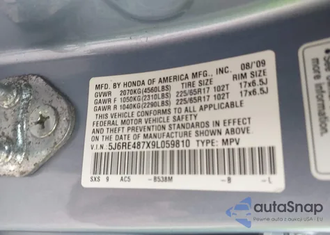 2009 Honda Cr-V Ex-L from USA, damaged, VIN 5J6RE487X9L059810